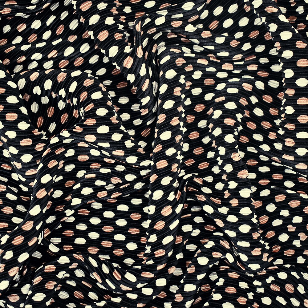 Black-Copper-White Dot Printed Stretch Pressed Pleated Satin Knit Fabric By the Yard