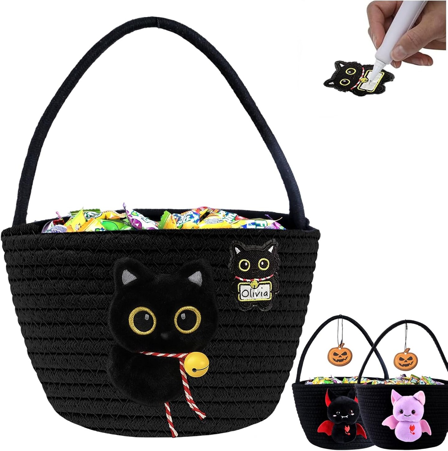 Trick or Treat Bag with Black Cat Bat Halloween Bucket (Black) - ‎8.7 x 8.7 x 6.3 inches