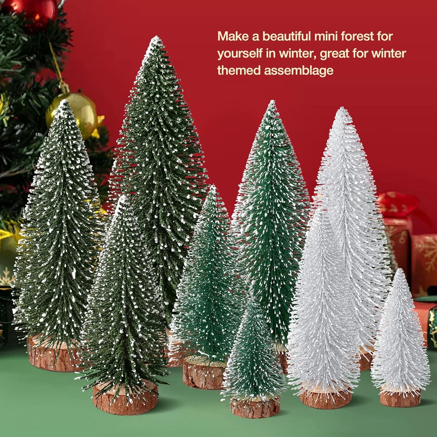 9Pcs Mini Christmas Trees Christmas Decor Artificial (Green Silver) 1"D x 1"W x 4"H
