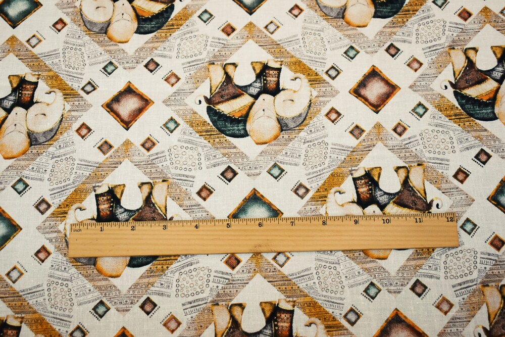 White-Yellow-Multi Elephant Diamond Pattern Printed Linen Woven Fabric By the Yard