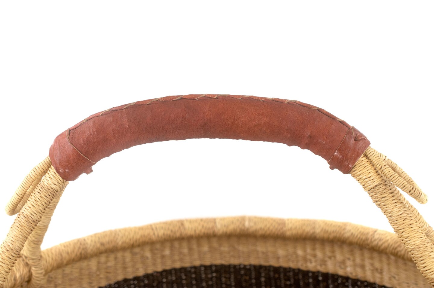 African Bolga Basket | Genuine Leather Handle | Woven Handmade Fair Trade Product | 100% Authentic Ghanaian | 16-18 Inches Across | Black - Striped | The Bead Chest