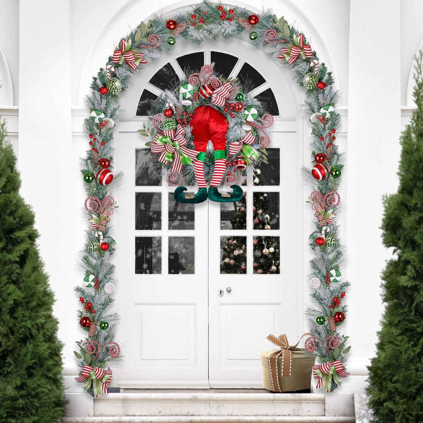 Pre-Lit Christmas Wreath for Front Door with Lights (Red,Green,White) 4&#x22;D x 30&#x22;W x 30&#x22;H