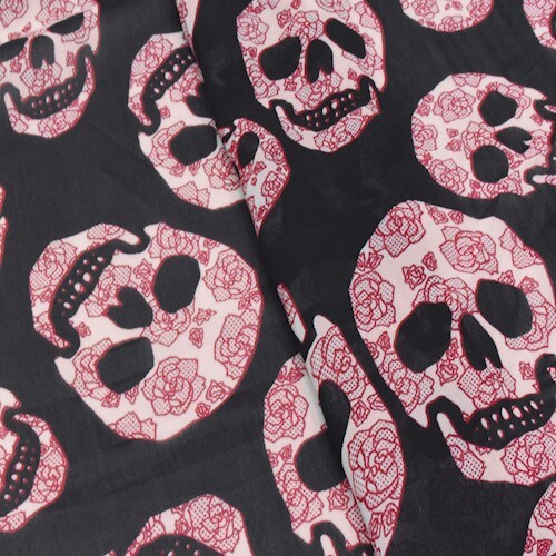 Black/Red/Multi Floral Skull Printed Chiffon Woven Fabric By the Yard
