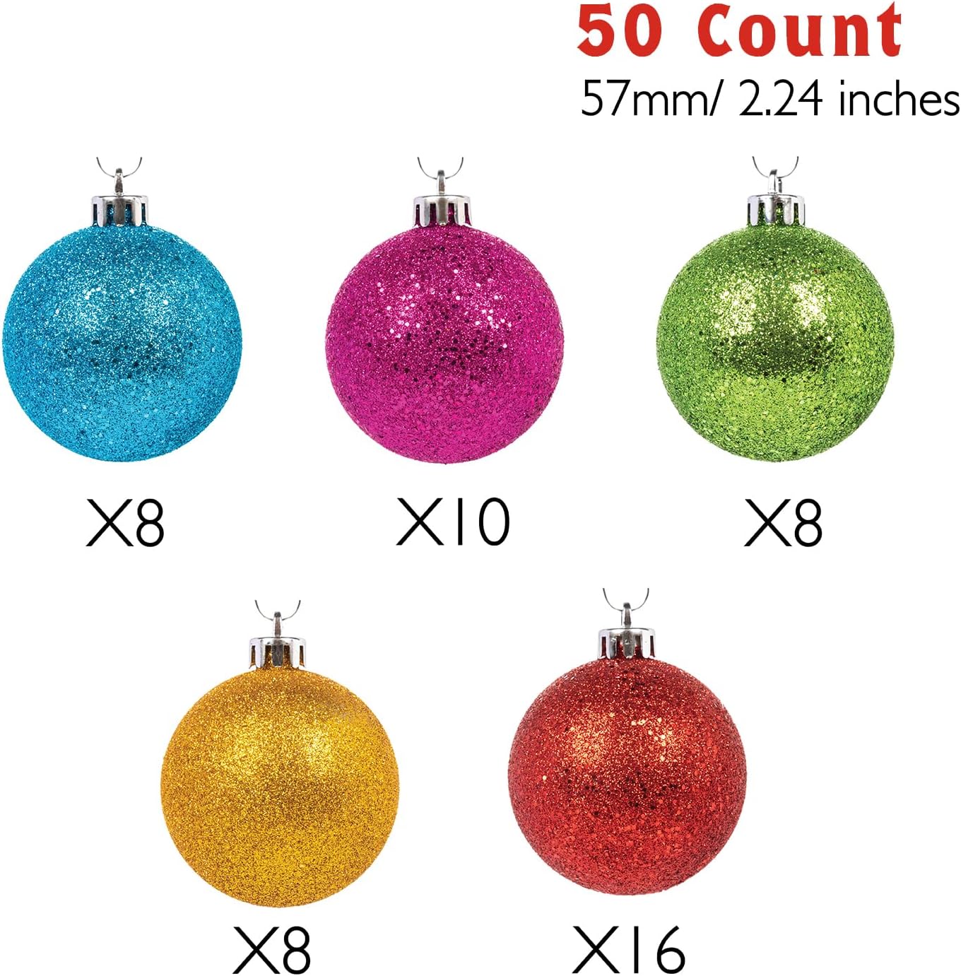 Shatterproof Christmas Tree Ornament Set (2.24&#x22;/57mm, Glitter Rainbow)