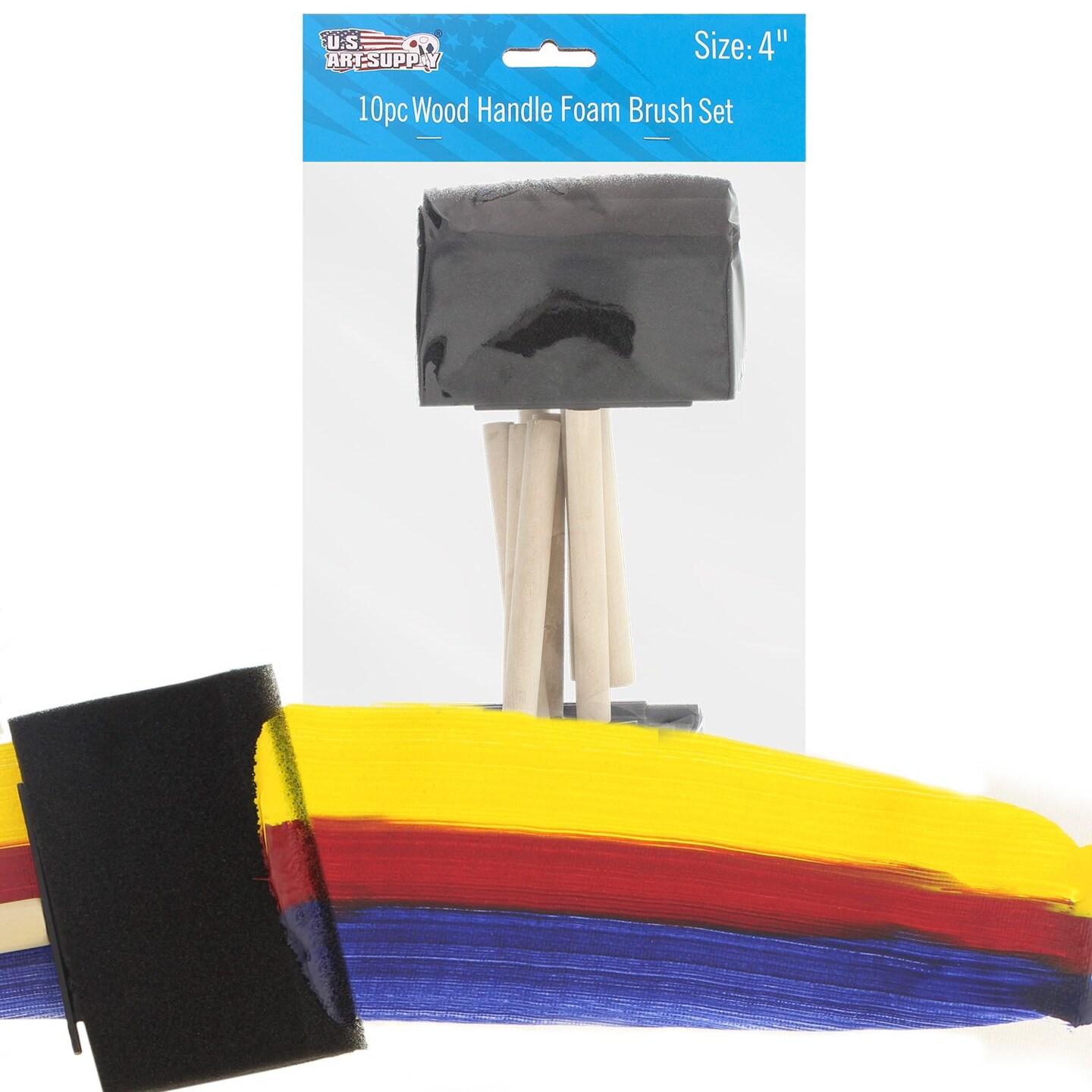 4 inch Foam Sponge Wood Handle Paint Brush Set (Value Pack of 10) - Lightweight, durable and great for Acrylics, Stains, Varnishes, Crafts, Art