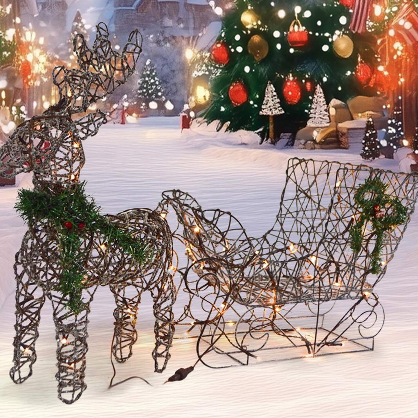 Christmas Reindeer and Sleigh LED Display Brown with Sparkling Warm White Lights 19.69 x 7.28 x 16.14 inch