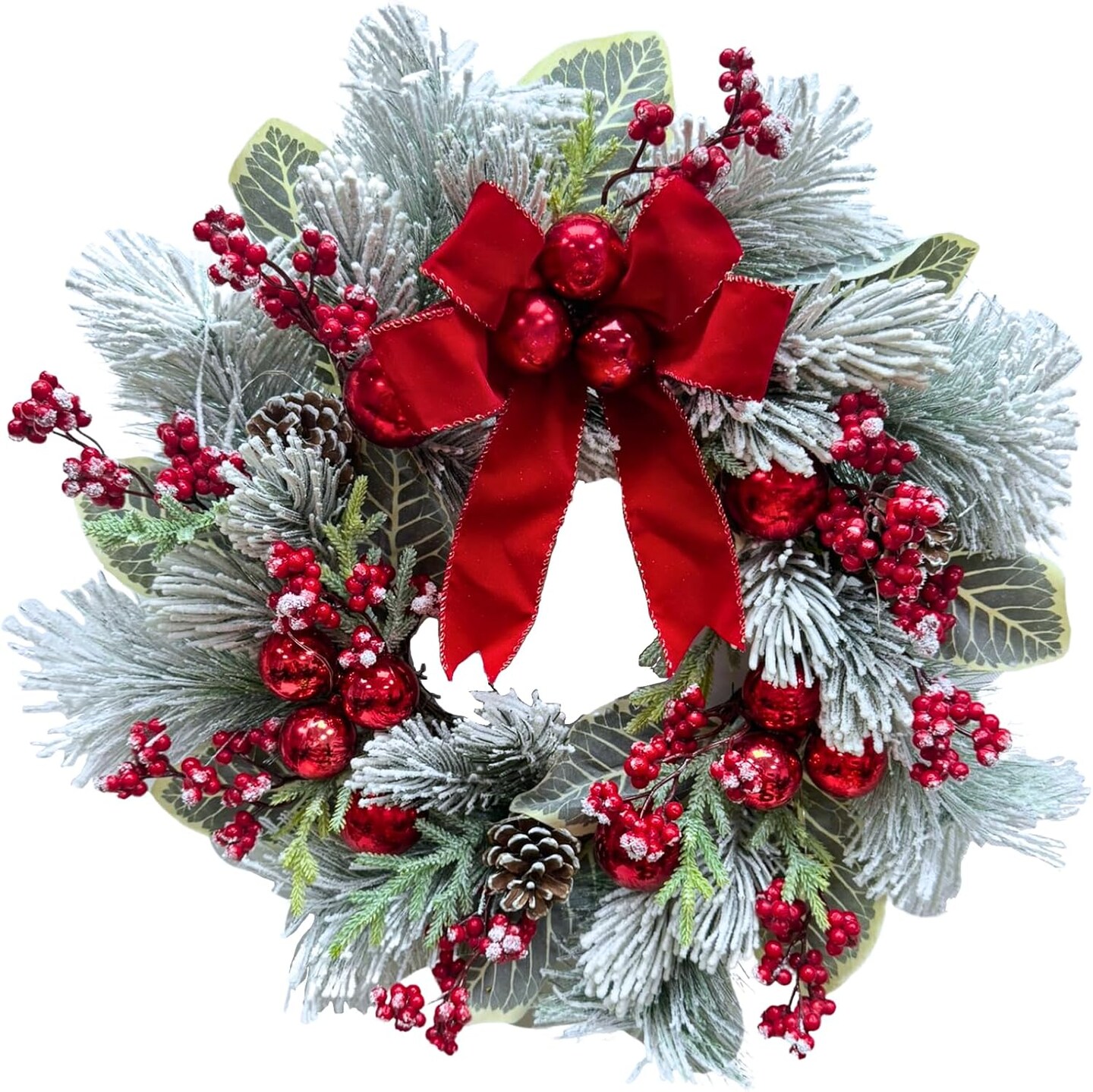 22 Inch Lighted Snow Flocked Christmas Wreath (Green/Red) 6"D x 22"W x 22"H