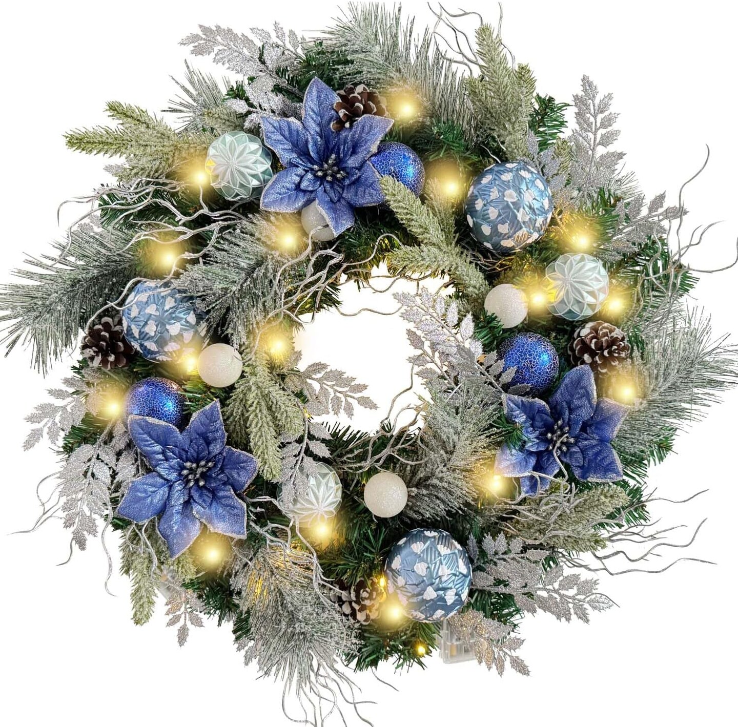 Pre-Lit 24 Inch Christmas Wreath for Front Door Silver Blue Lighted Christmas Wreath (01-sliver Blue) 18.5 x 18.03 x 5.12
