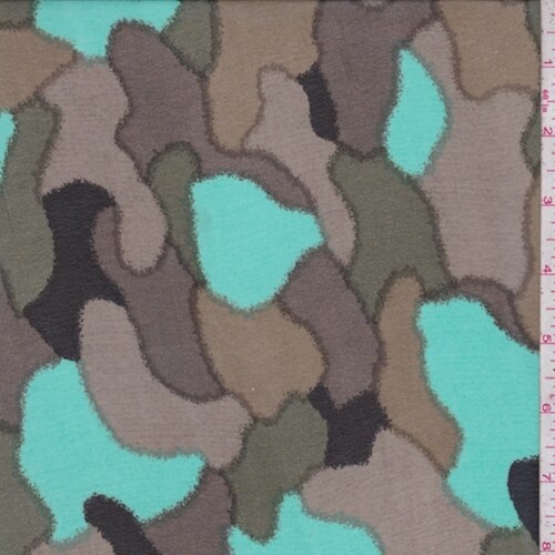 Army/Taupe/Aquamarine Abstract Camo Chiffon Fabric By the Yard
