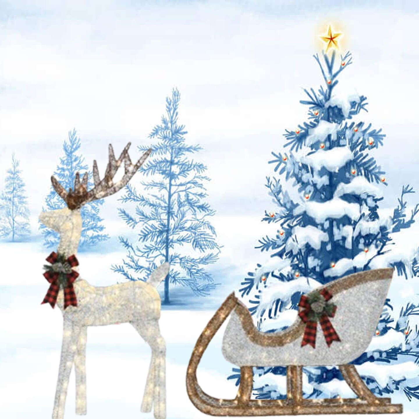 48"H Silver Deer with 38"L Sleigh Lighted Outdoor Christmas Display