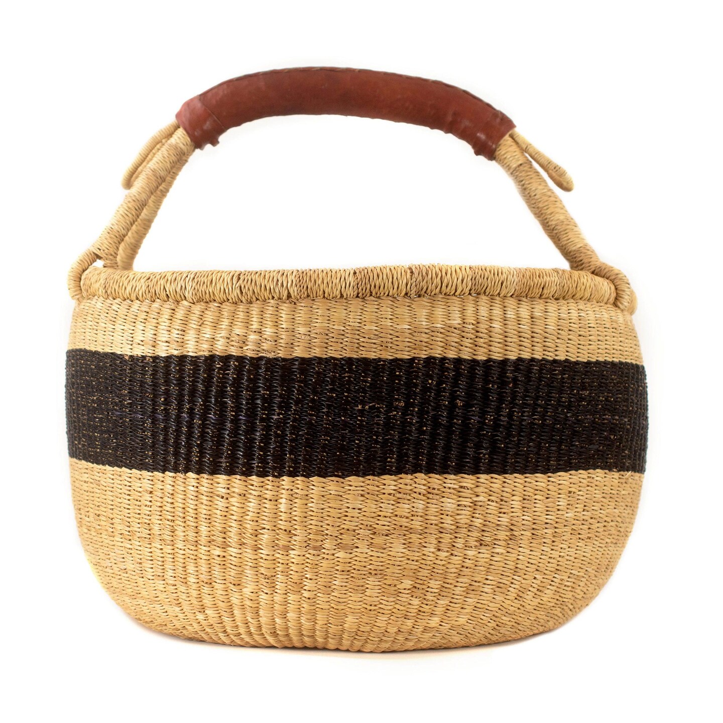 African Bolga Basket | Genuine Leather Handle | Woven Handmade Fair Trade Product | 100% Authentic Ghanaian | 16-18 Inches Across | Black - Striped | The Bead Chest