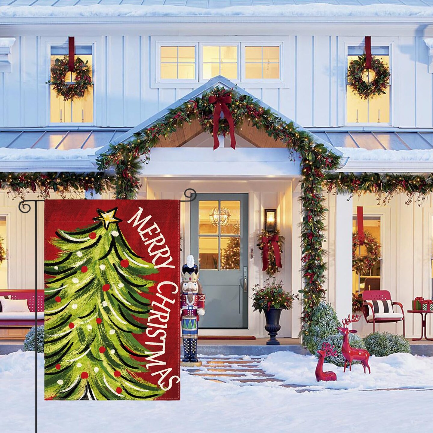 Merry Christmas Garden Flag 12x18 Inch Double Sided, Christmas Tree Xmas Winter Holiday Yard Outdoor Decorative Flag