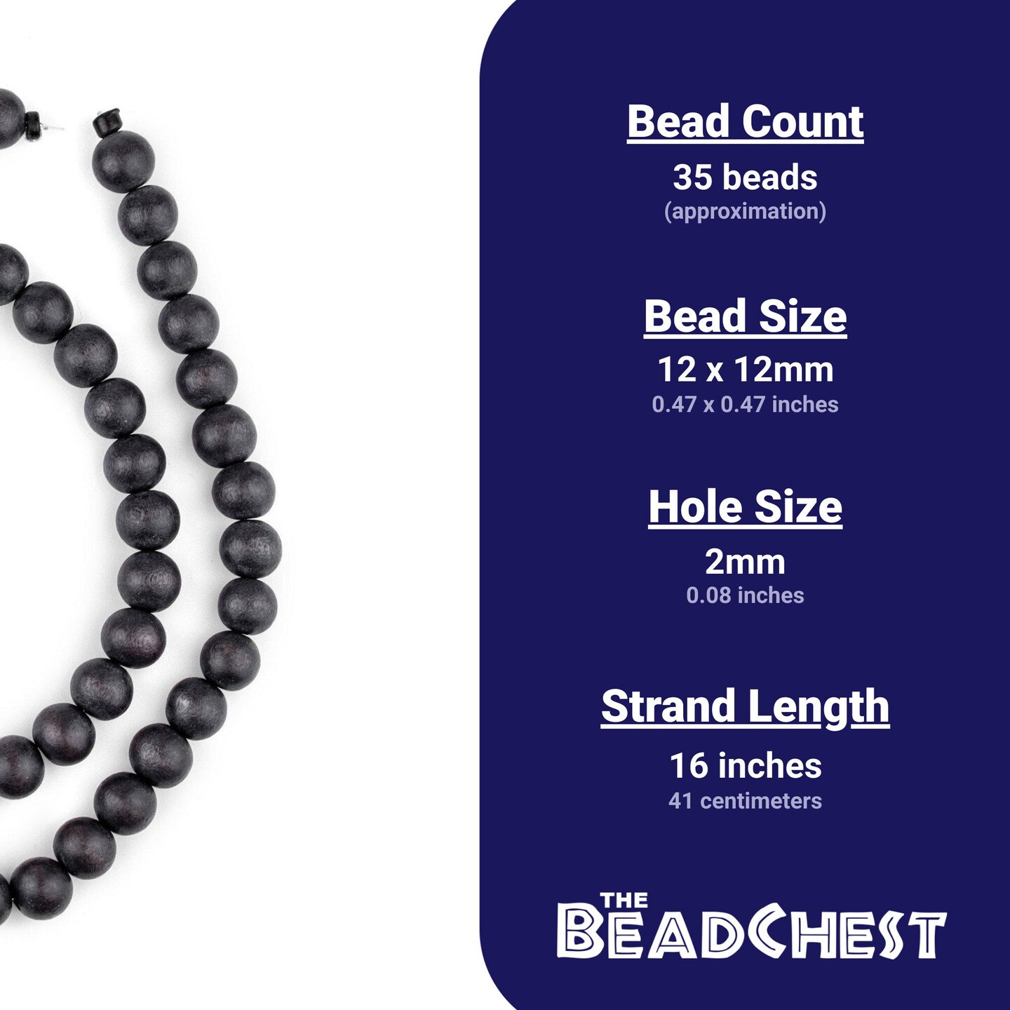 The Bead Chest Natural 12mm Wooden Beads in Grey - Dark for Jewelry Making – Round Loose Wood Spacer Beads I Approximately 35 Beads