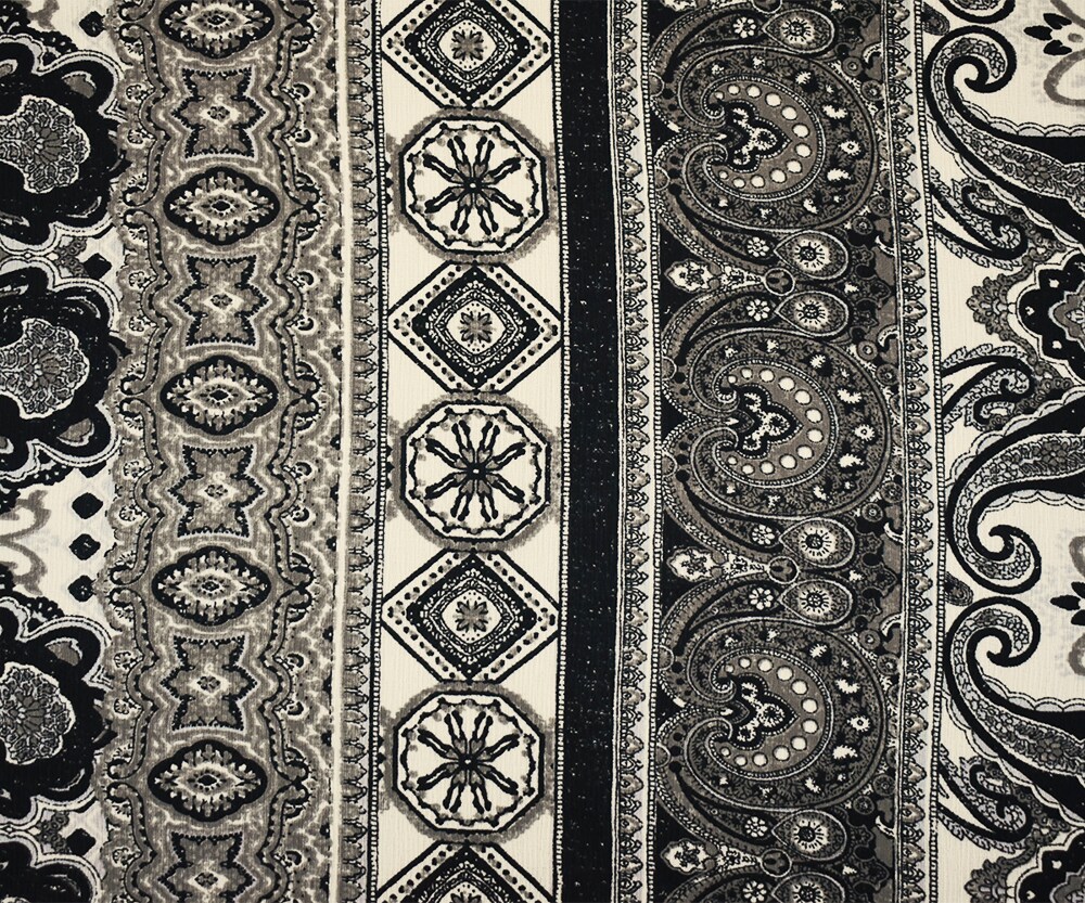 Black-Gray-Multi Poly Paisley Baroque Printed Crepe Georgette Woven Fabric By the Yard