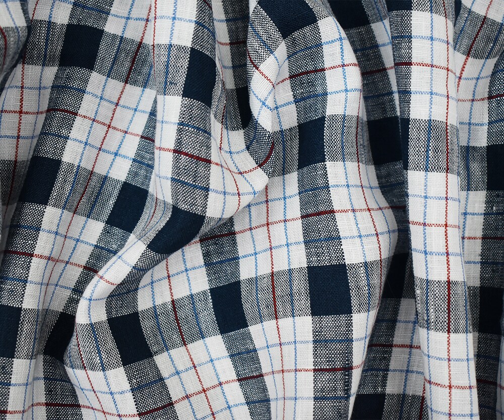Navy-White-Red Moygashel Washed Plaid Irish Linen Woven Fabric By the Yard