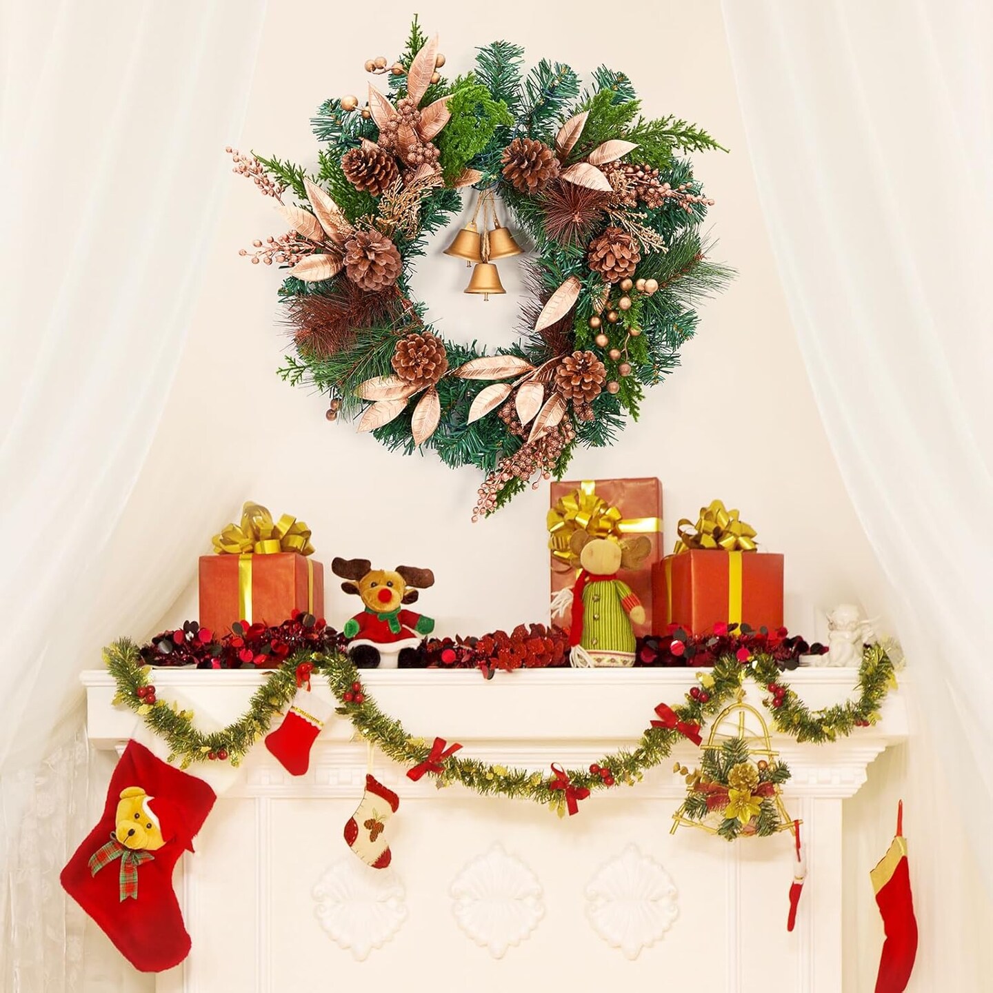 18 Inch Christmas Wreath with Lights, Battery Operated (Bronze) 18"D x 18"W x 4"H