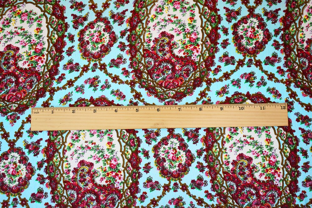 Blue-Red-Multi Floral Frame Trellis Printed Rayon Crepe Faille Fabric By the Yard