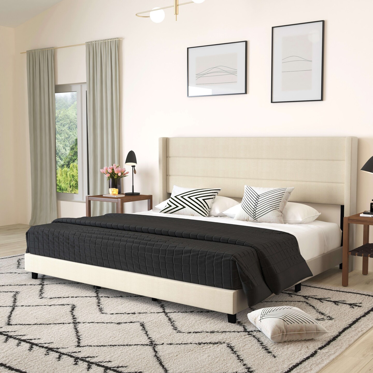 Merrick Lane Percy Modern Platform Bed with Padded Channel Stitched Upholstered Wingback Headboard and Underbed Clearance