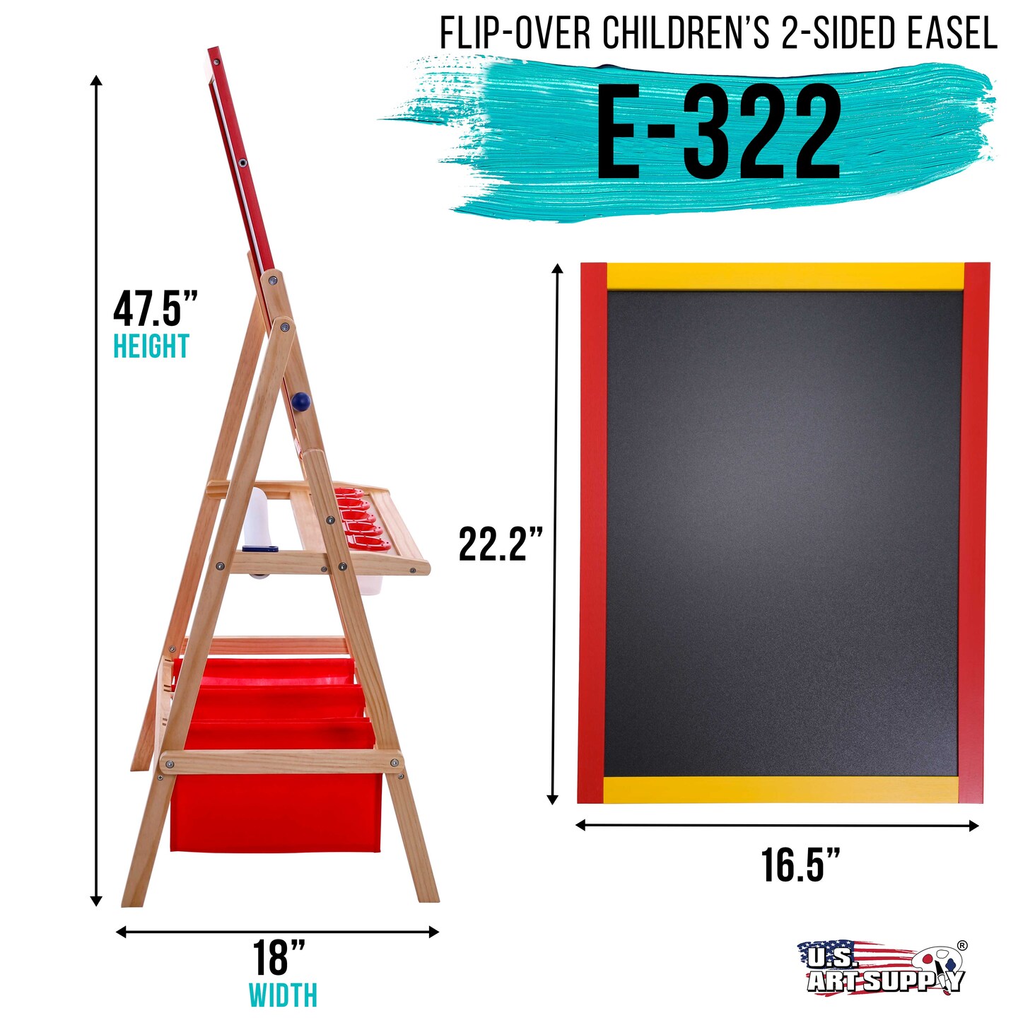 Flip-Over Children&#x27;s Double-Sided Paint &#x26; Drawing Art Easel Board with Chalkboard, Dry Erase Board, Paper Roll, 3 Storage Bins, 5 No-Spill Cups, Chalk