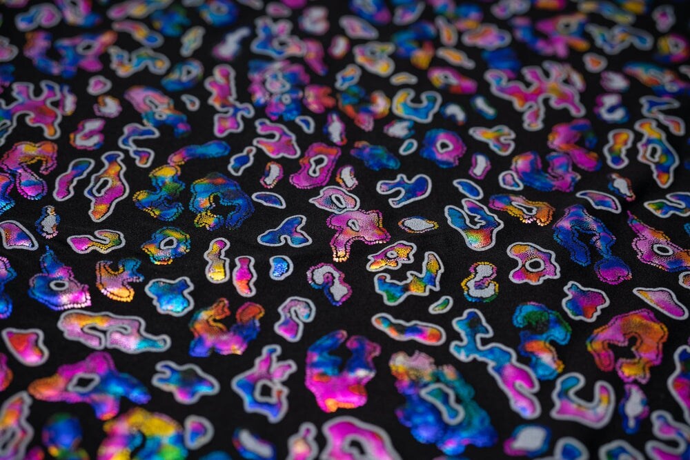 1 Yard Leo Party Foil Printed Spandex Fabric with Iridescent Metallic Leopard Print 56 Inch Width