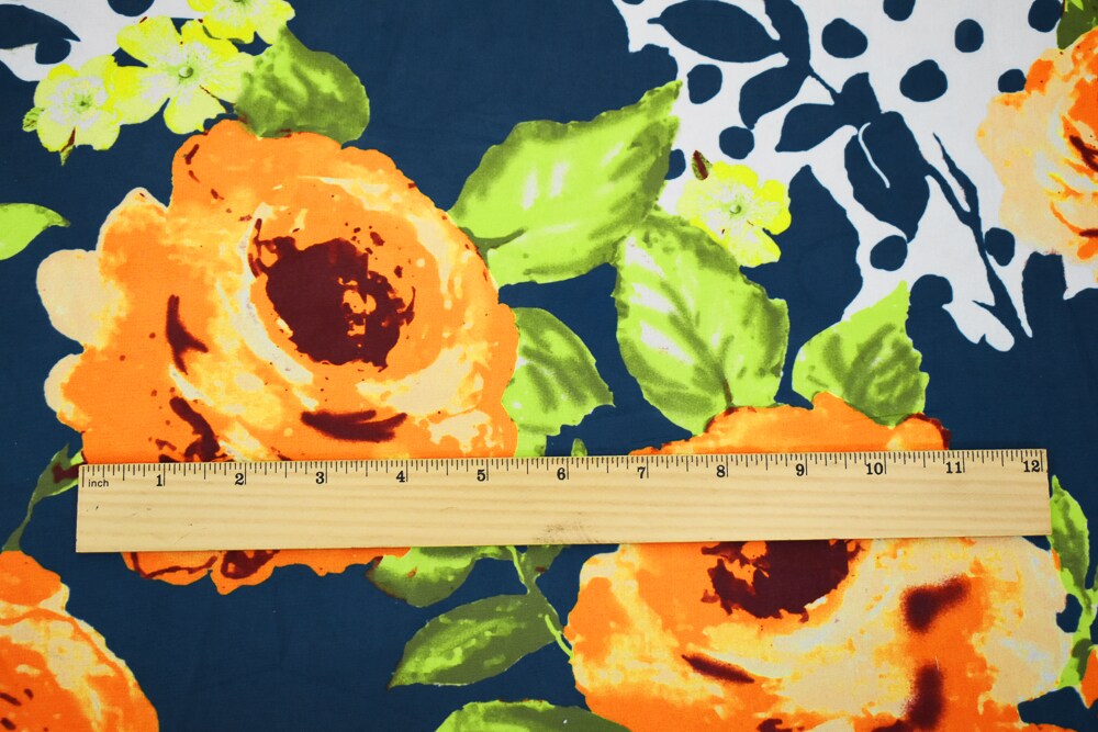 Orange-Blue-Multi Floral Dots Printed Poly Chiffon Woven Fabric By the Yard