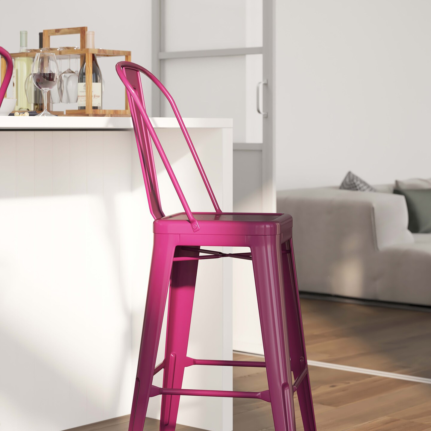 Merrick Lane Sabine Metal Indoor-Outdoor Barstool with Vertical Slat Back and Integrated Footrest