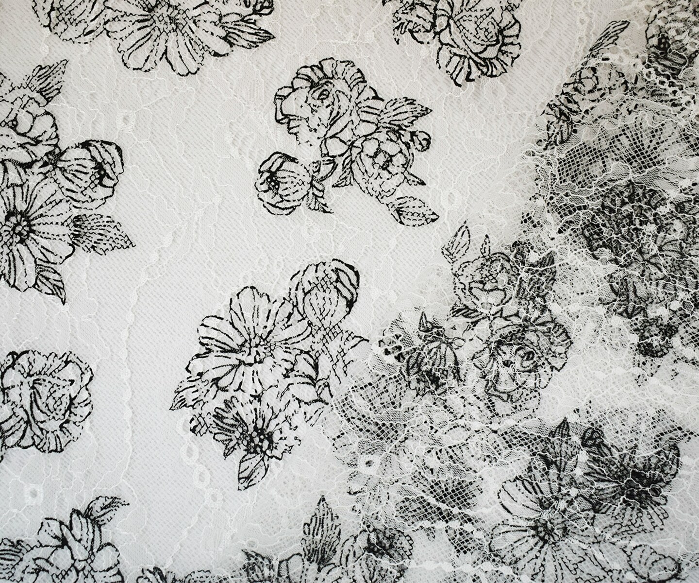 White-Black Nylon Floral Printed Lace Mesh Knit Fabric By the Yard
