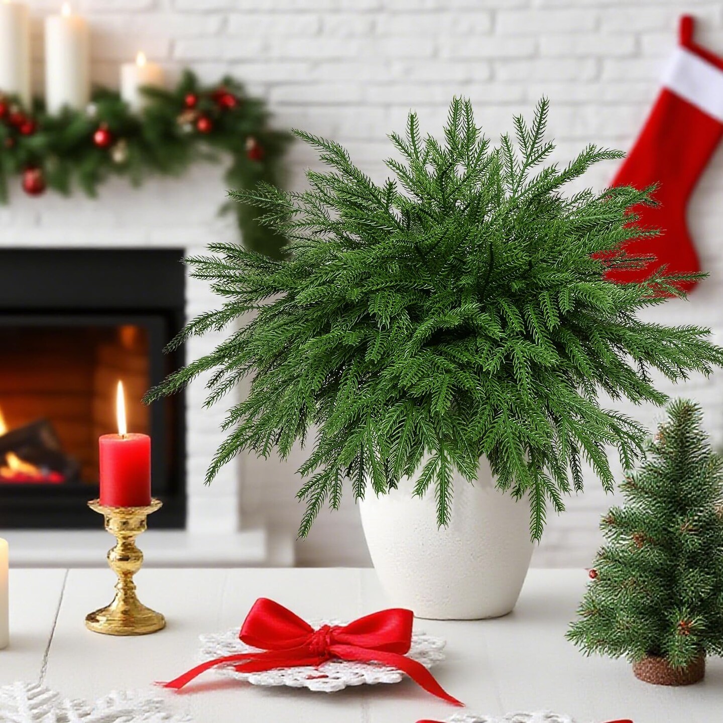 50 Pcs Christmas Real Touch Norfolk Stems, Artificial Pine Branches Faux Pine Sprigs Fake Greenery Stems Pine Picks for DIY Holiday Accessories Christmas Wreath Home Decoration
