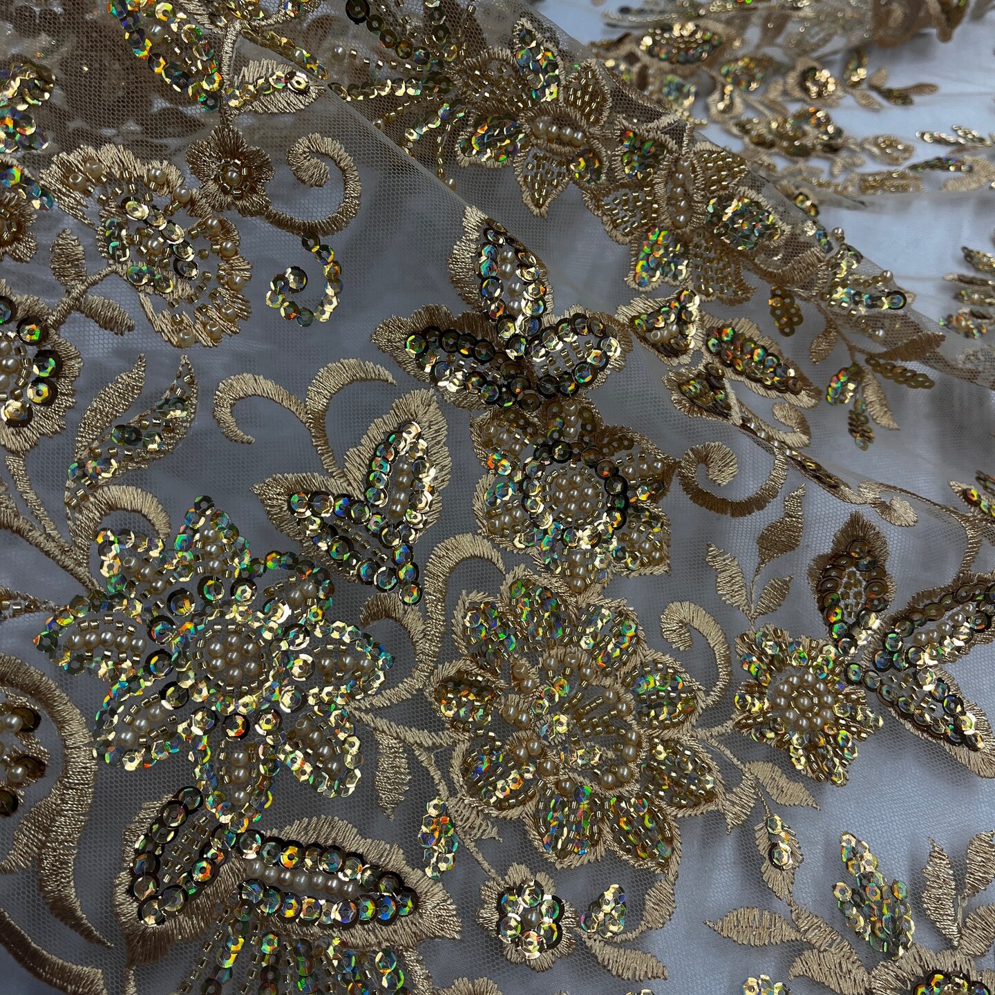 1 Yard Sparkling Beaded and Sequined Lace Fabric Embroidered on Polyester Net Mesh