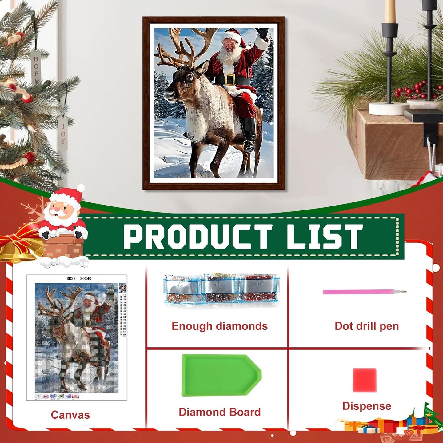 Christmas Diamond Art Kits for Adults, Santa Deer Diamond Paiting Kit for Beginners, 5D DIY Round Full Drill Craft Diamond Dot Gem Art, Home Wall Decor 12" x 16"