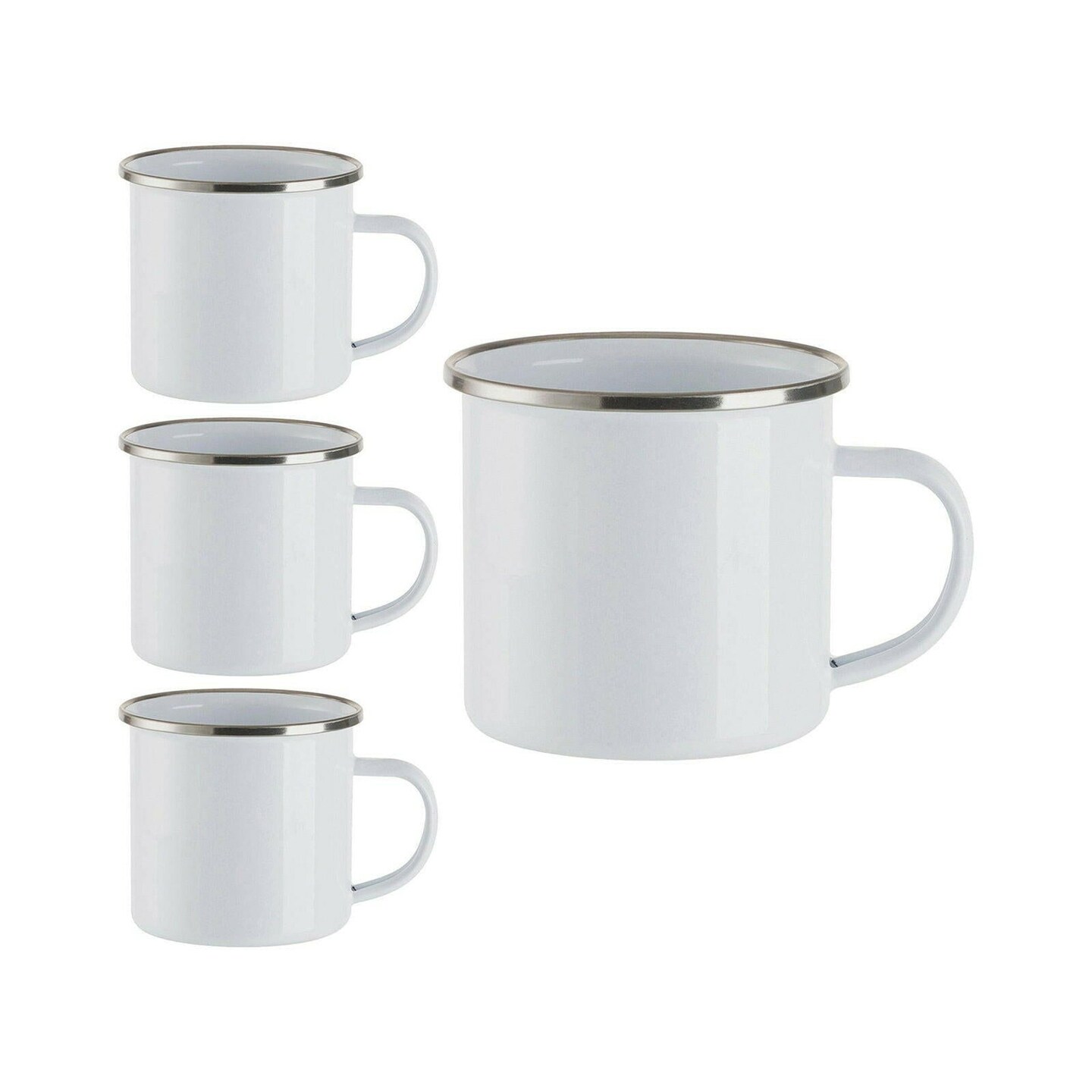 Craft Express 4 Pack 12oz Enamel Sublimation Mugs &#x2013; White with Silver Rim