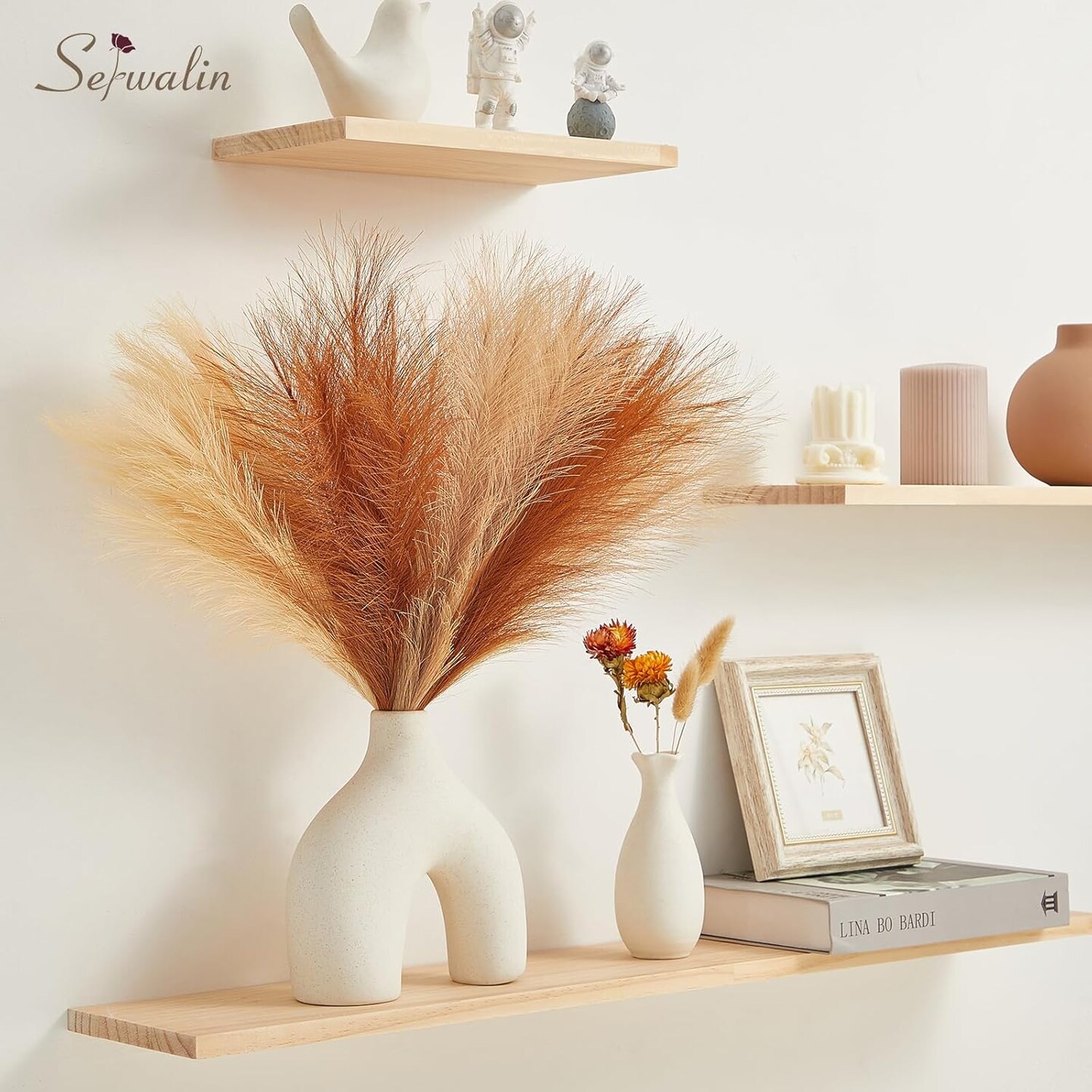 Boho Pampas Grass Home Decor – 17.7" Artificial Pampas Grass Bouquet (6pcs) Fall Faux Pampas Stems for Living Room, Vase Fillers, Wedding & Party Table Centerpieces