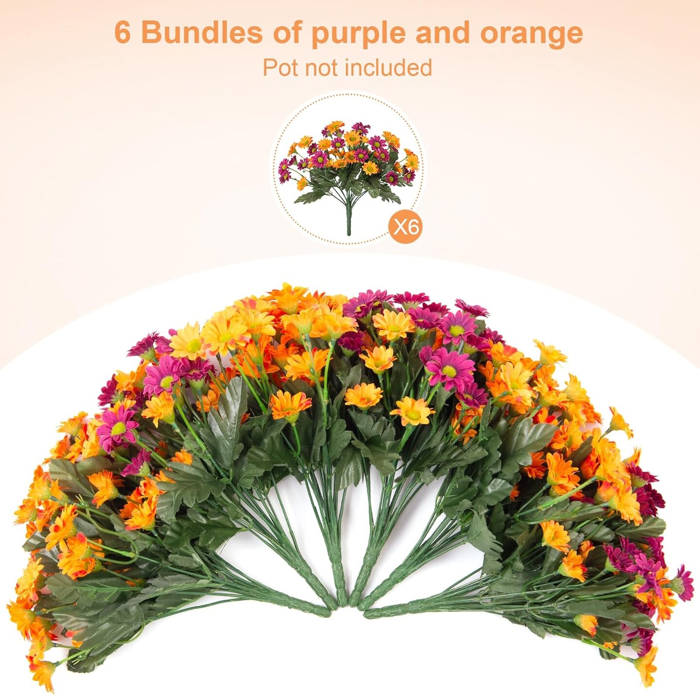 6 Bundles UV-Resistant Artificial Mums Daisy Flowers – Faux Silk Purple & Orange Spring Fall Plants for Outdoor Porch, Patio, Garden & Window Box Decor