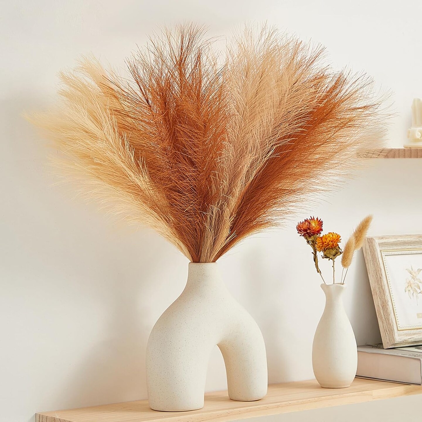 Boho Pampas Grass Home Decor – 17.7" Artificial Pampas Grass Bouquet (6pcs) Fall Faux Pampas Stems for Living Room, Vase Fillers, Wedding & Party Table Centerpieces