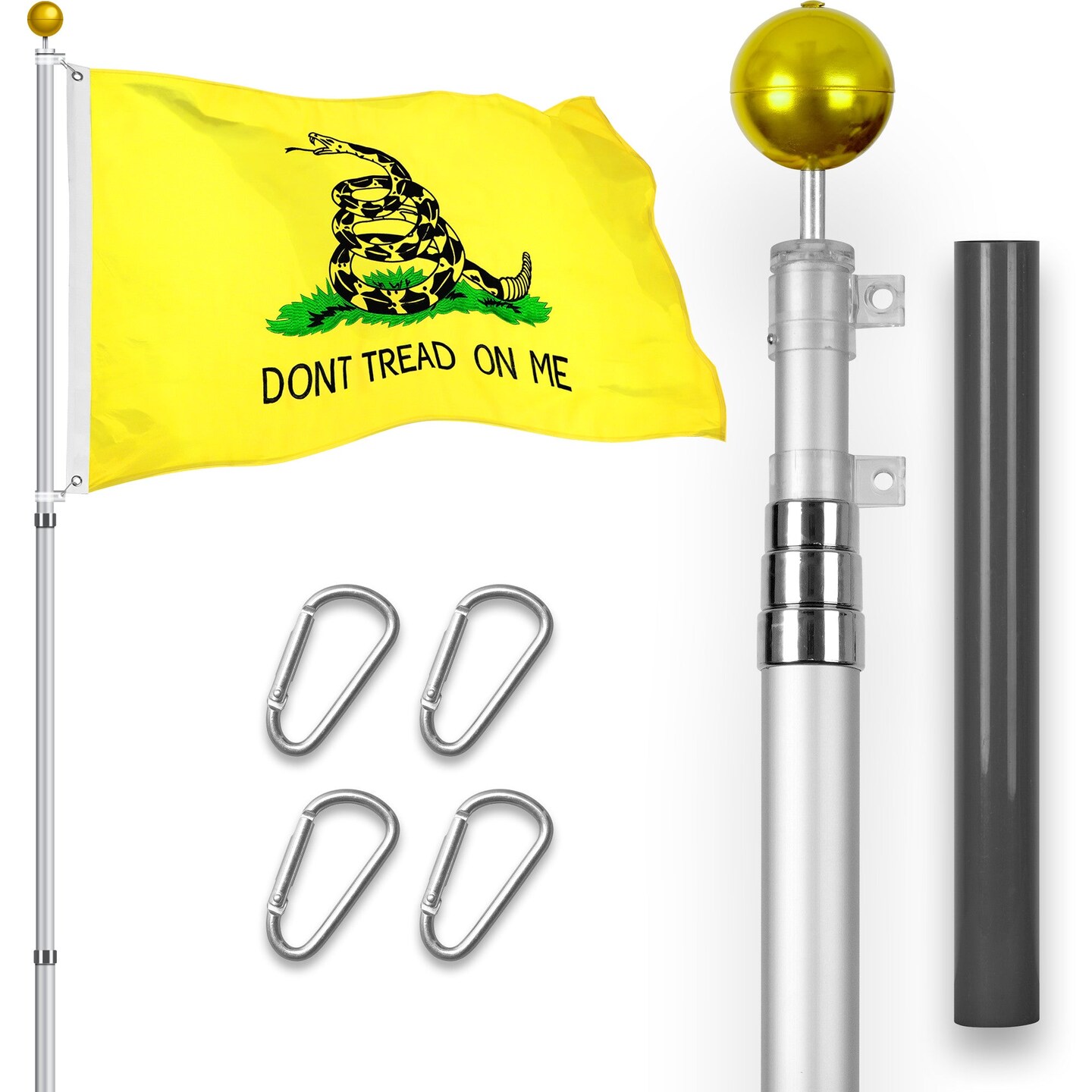 G128 Combo Pack: 16 Ft Telescoping Aluminum Flagpole (Silver) & Gadsden Don't Tread On Me Flag 3x5 Ft, StormFlyer Series Embroidered 220GSM Spun Polyester | Pole with Flag Included