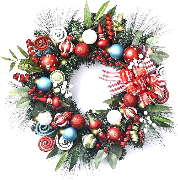 24 Inch Pre-Lit Christmas Wreath for Front Door with Lights, Large Lighted Christmas Wreath with Elf Red Green Xmas Balls for Fireplace Window Outdoor Table Centerpiece Home Decoration