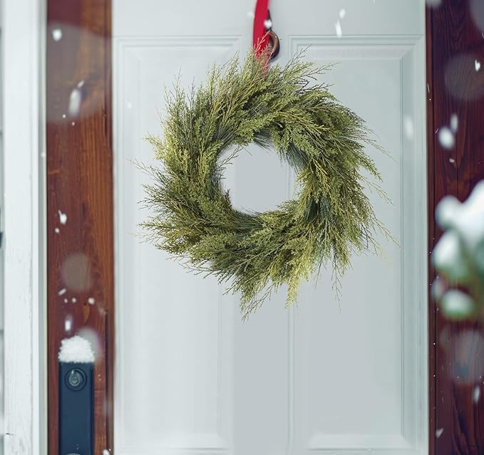 24&#x22; Christmas Wreaths for Front Door, Real-Look Pine Needles Winter Xmas Wreath Outdoor Holiday Decoration, Door Reef for Farmhouse Front Porch Wall Window