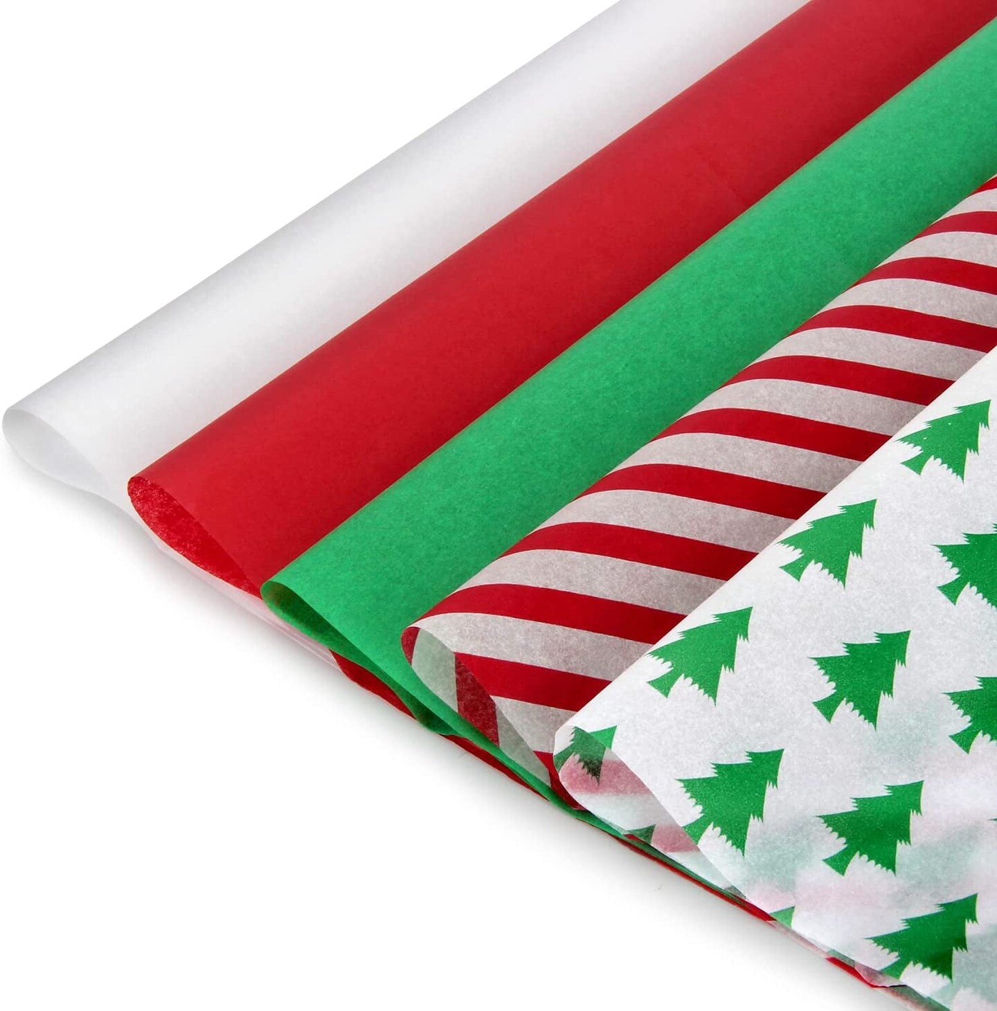 Christmas Tissue Paper Gift Wrapping Paper, 120 Sheets, 13.5&#x22; X 19.5&#x22;, White, Red, Green, Red Stripe, Christmas Trees Design