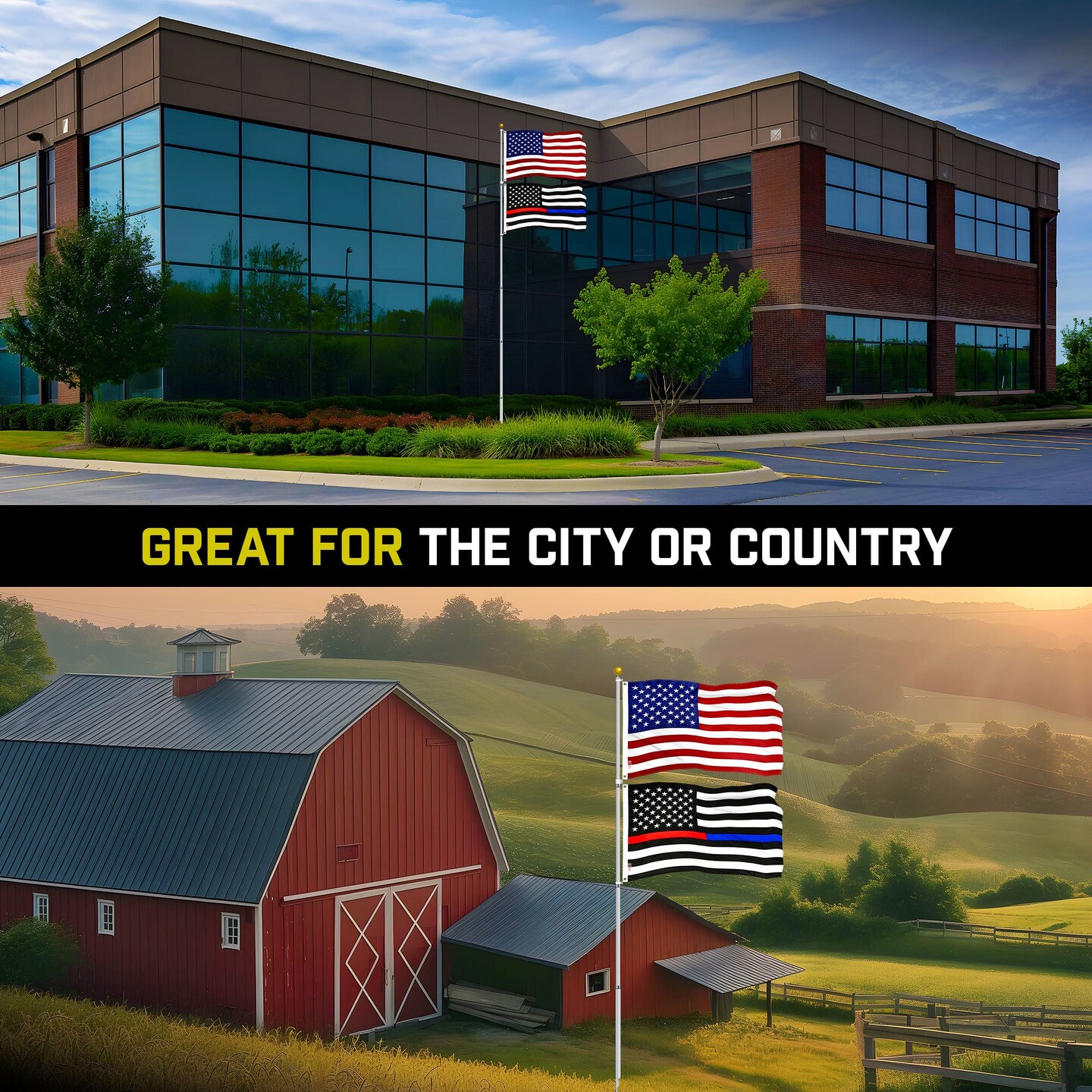 G128 Combo Pack: 25 Ft Telescoping Aluminum Flagpole (Silver) & American and Thin Blue Red Line Flags 3x5 Ft, Both ToughWeave Series Embroidered Polyester | Pole with Flags Included