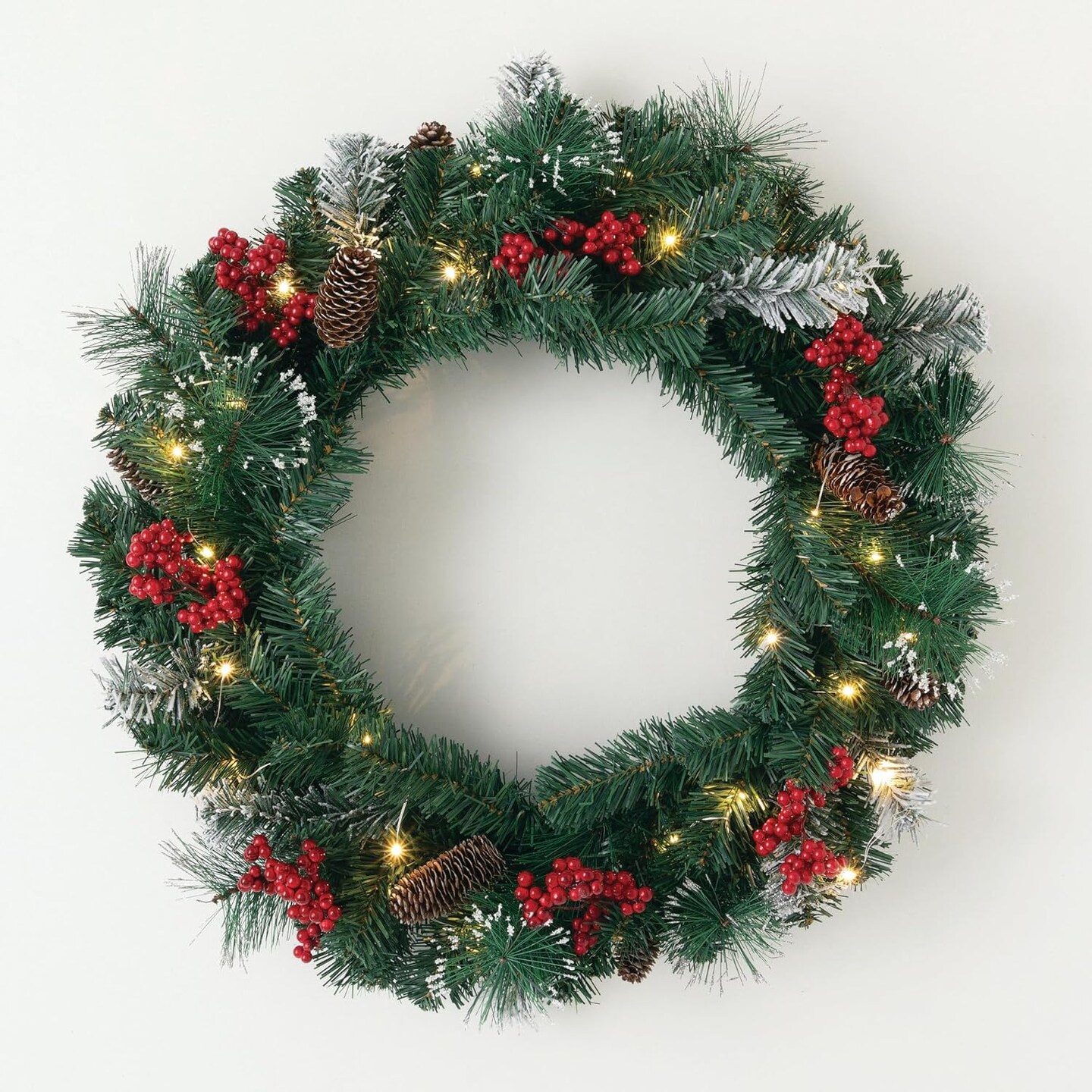 Prelit 24&#x22; Christmas Wreath, Christmas Decor, Christmas Door Wreath with Lights, Lighted Pine Christmas Wreath, Flocked Tips Pine Red Berry Wreath with Lights, Battery Timer, Holiday D&#xE9;cor Visit the Sullivans Store