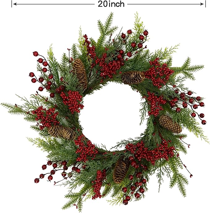 Artificial Christmas Wreaths for Front Door with red Berry,Pine Cones,Pine Needles for Indoor Outdoor Farmhouse Home Wall Window Festival Wedding Decor