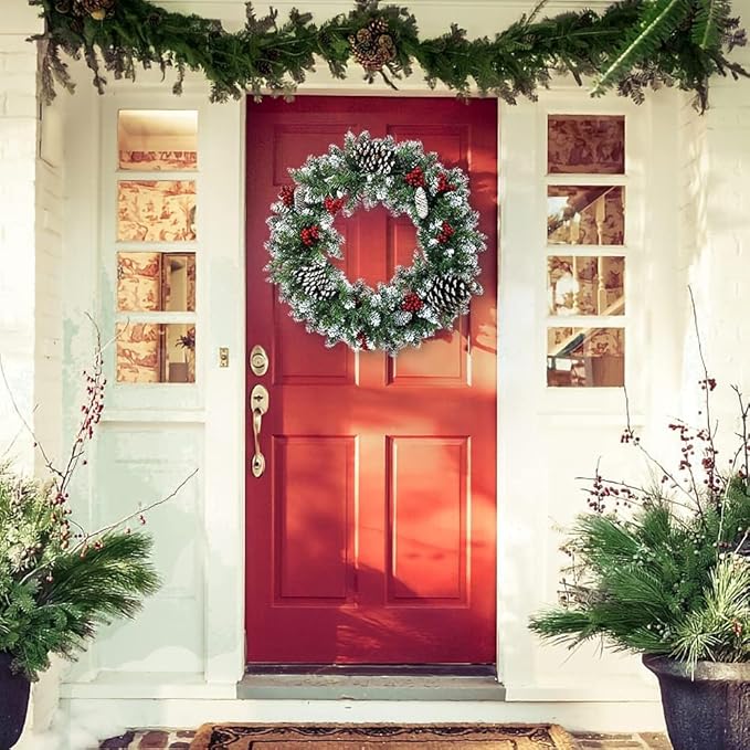 Christmas Wreath for Front Door, 18inch Pre-lit Artificial Xmas Wreath with Hook, 50 LED Lights&#x26;Timer for Door Window Wall Stairs Outdoor Decorations