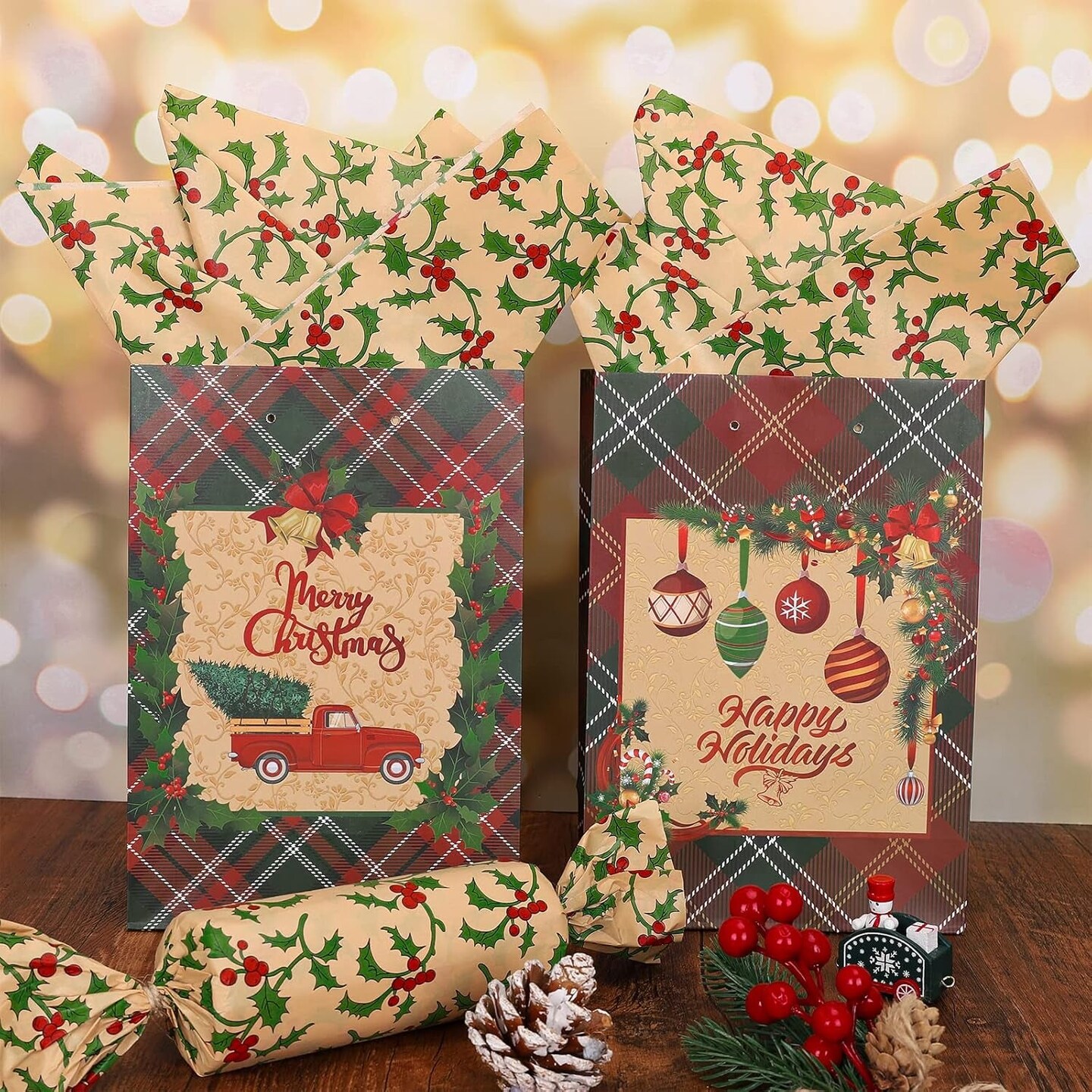 100 Sheets Christmas Tissue Paper Xmas Holy Leaves Red Berries Printed Gift Wrapping Paper Rustic Kraft Art Tissue Paper for Christmas DIY Crafts Gift Bags Winter Party Decor, 13.8 X 19.7&#x22;