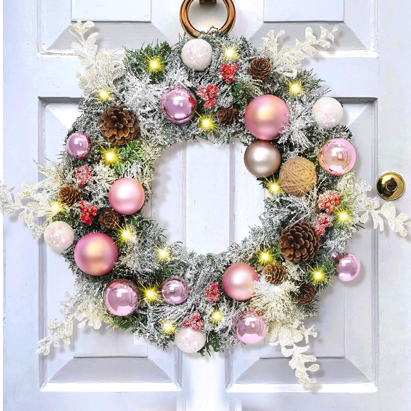 Christmas Wreaths for Front Door with Christmas Ball Ornaments Pine Cones Pine Needles Berries