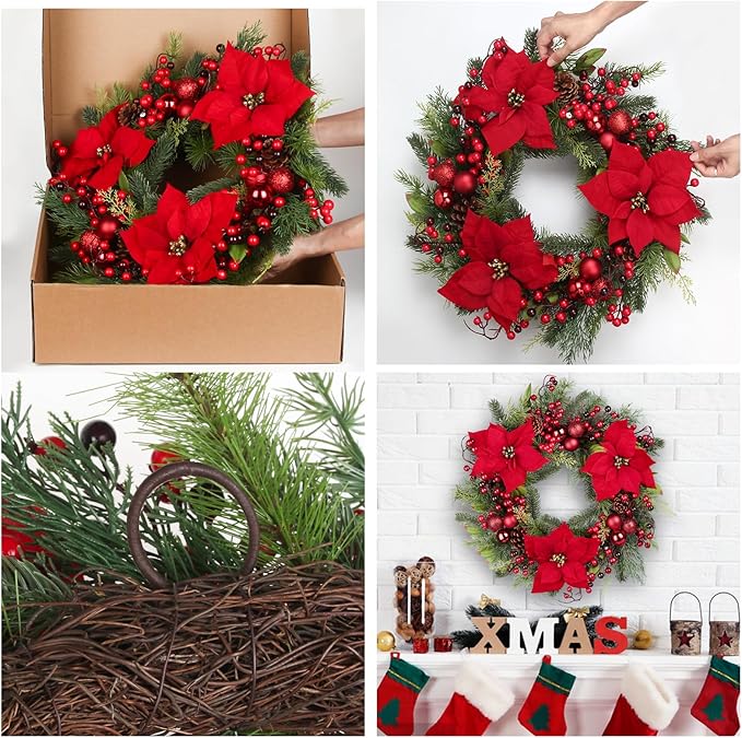 Christmas Wreath, Front Door Artificial Christmas Wreath Decorated with Holly Berries, Hawthorn Berries, for Indoor Outdoor Christmas Decoration 24 Inch