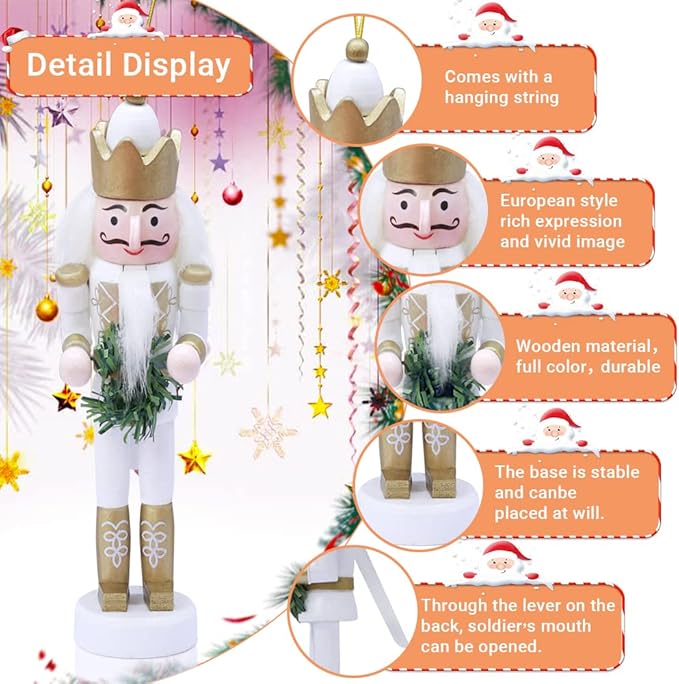 5 PCS Christmas Nutcracker Ornament Set, Nutcracker Figures with Opening Mouths Christmas Decorations for Xmas Tree, Table Decor (White Gold, 5.3&#x27;&#x27;, Set of 5pcs)