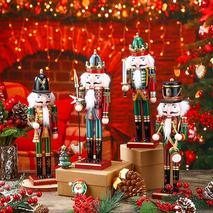 4PCS 12 inch Christmas Nutcrackers Ornaments Set Nutcracker Figures Holiday Party Tabletop Christmas Decor Nutcracker Soldier Figure Decoration Crafts Art for Christmas Decor