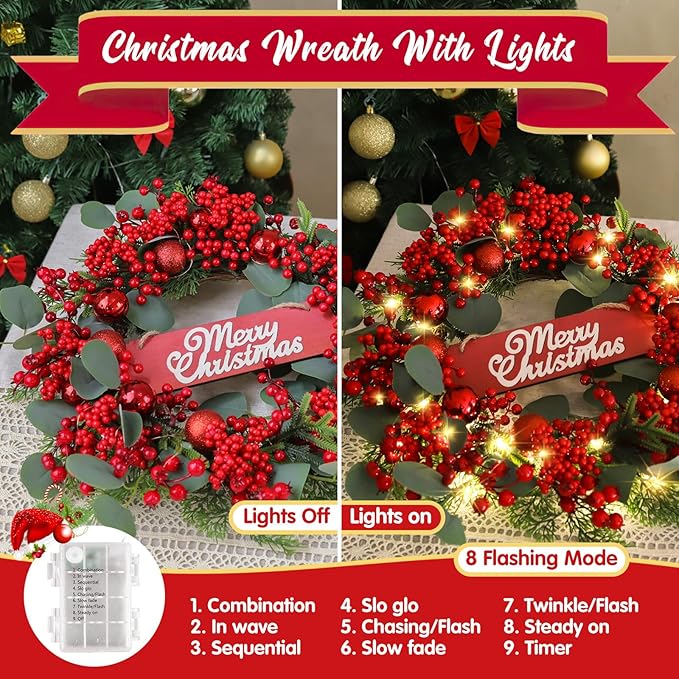 Christmas Wreath with Lights, 20inch Pre Lit Winter Wreath for Front Door, Artificial Door Wreaths with Berries Pine Needles 8 Lighting Modes Timer for Fireplace Window Farmhouse Xmas Decor