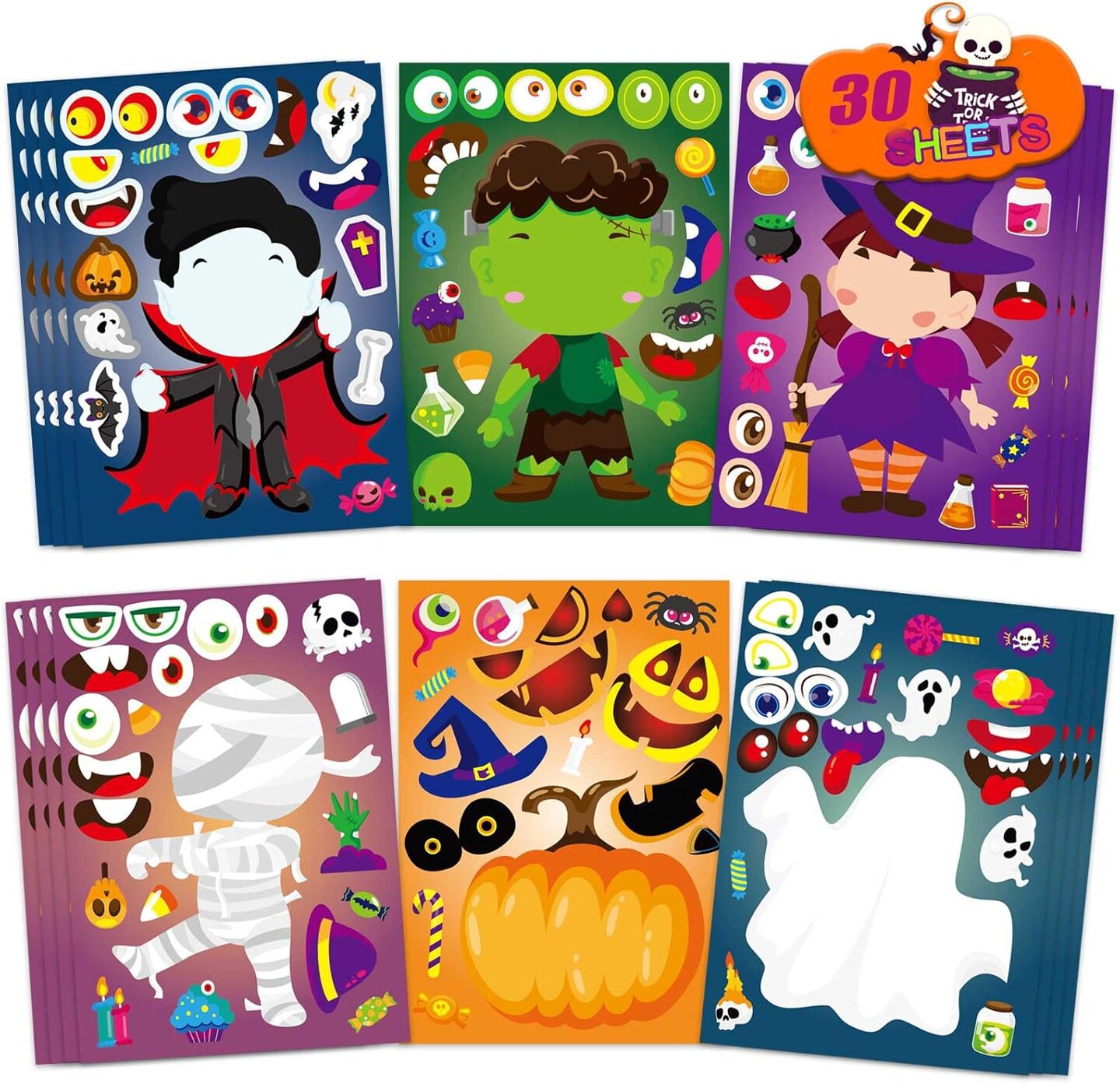 30Pcs Halloween Stickers Party Favors for Kids Toddlers &#xFF0C;Make a Face Stickers Self Adhesive DIY Stickers for Classroom Treats Party Game Treats Goody Bag Filler Stickers (Halloween A)