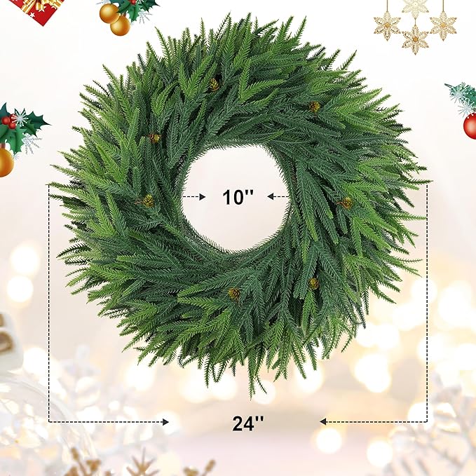 24inch Christmas Wreath 2 Pack, Norfolk Pine Wreath for Front Door, 24 Inch Xmas Village Wreath Holiday Decor Christmas Decorations for Home Wall Window Indoor Outdoor Outside Winter